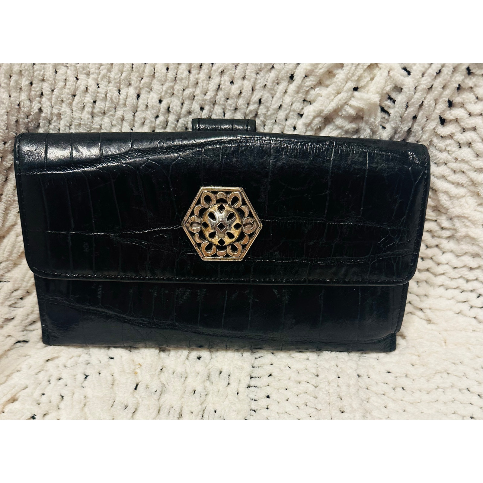 Brighton Ladies Wallet Croc Embossed Leather Black Checkbook Designer Vintage